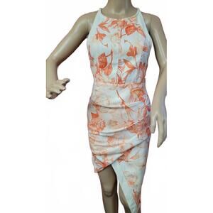 Rumor Boutique White orange Floral Sleeveless Ruched Dress Size S #E